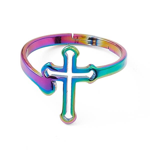 Ion Plating(IP) 201 Stainless Steel Hollow Out Cross Adjustable Ring for Women