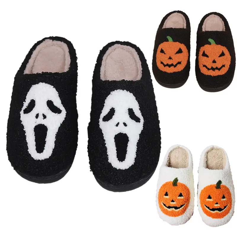 Winter Warm Women Cotton Slippers Men's Bedroom Slipper Women Non-Slip Soft Bottom Slippers Unisex Home Slippers Pumpkin Skul...