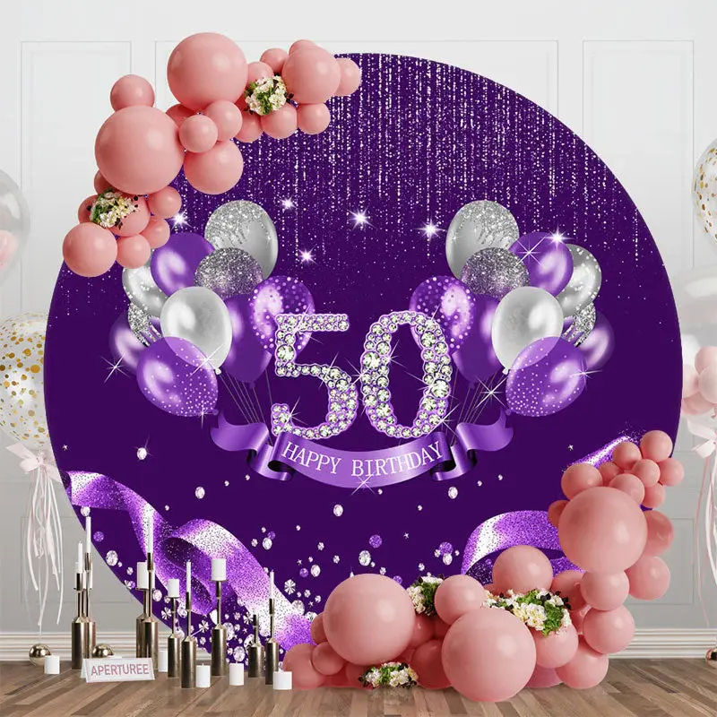 Purple Sparkle Balloons Round 50th Birthday Backdrop - Aperturee