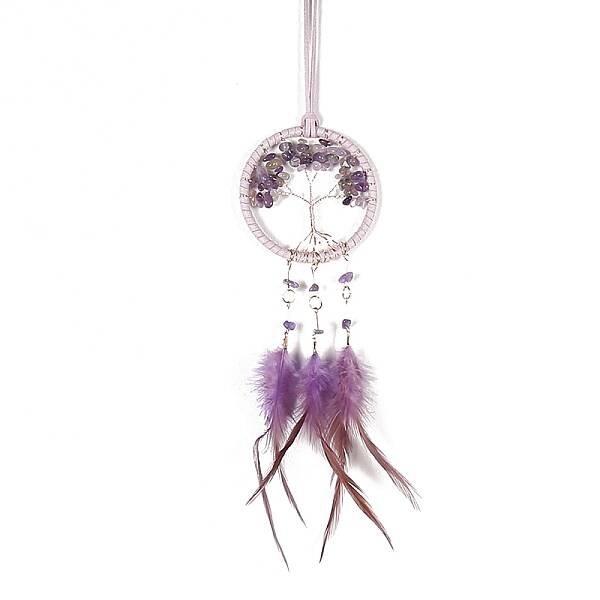Iron & Natural Amethyst Woven Web/Net with Feather Pendant Decorations