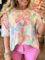 Women's Bow Print Curved Hem Tee, Casual Short Sleeve Round Neck T-shirt for Summer, Ladies Clothes for Daily Wear