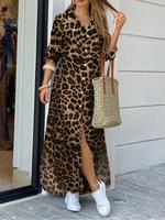 Women's Leopard Print Button Front Flap Pocket Shirt Dress, Casual Curved Hem Long Sleeve Collared Long Dress for Daily Wear,...