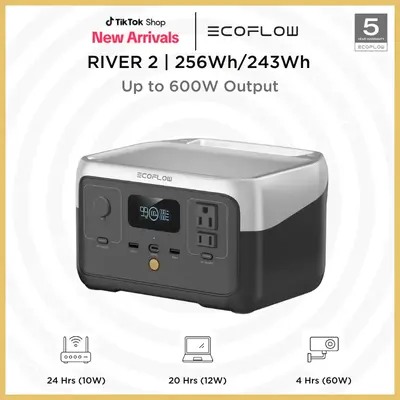 ECOFLOW River 2 243Wh, 300W AC Output Portable Power Station with LiFePO4 Battery 1 Hour Fast Charging 2 AC Outlets Eco-Frien...