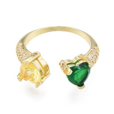 Colorful Cubic Zirconia Heart Open Cuff Ring