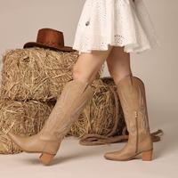 Tan Wide Calf Cowboy Boots for Women - Cowgirl Western Boots with Embroidery, Pointed Toe Retro Chunky Heel Slip On Fashion C...