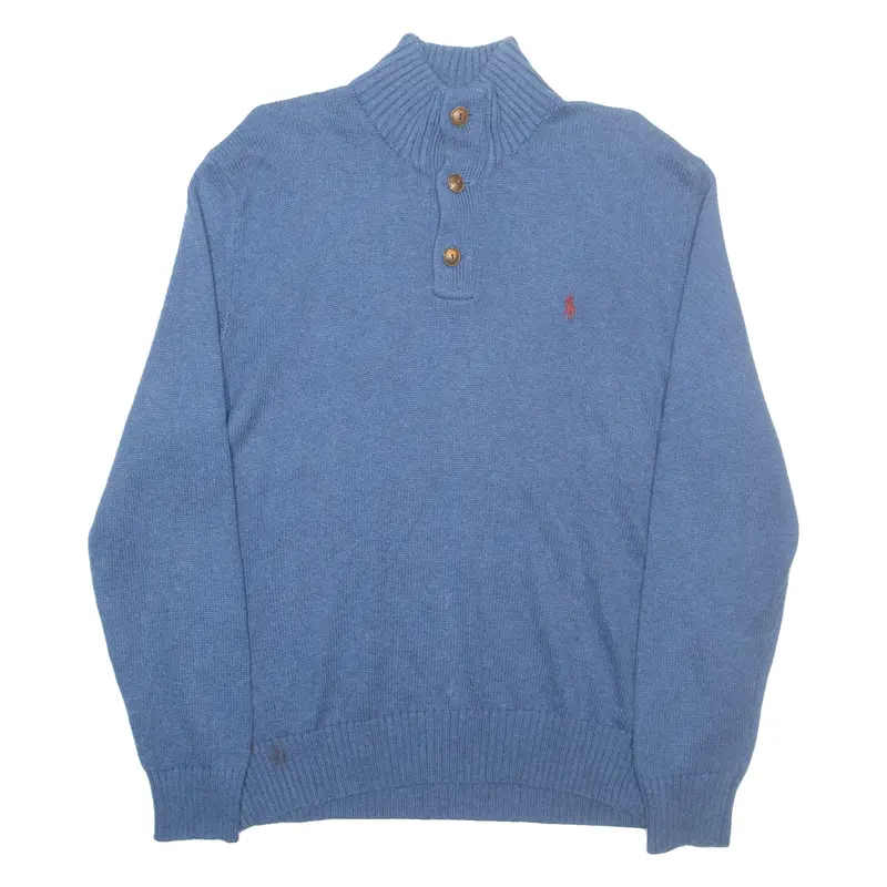 POLO RALPH LAUREN Mens Jumper Blue Button Neck Tight Knit L