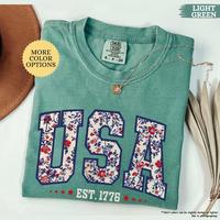 Comfort Colors Floral USA Shirt, American Girl Shirt, USA Est 1776 Shirt, Girly 4th of July Shirt, Patriotic Women Shirt, Flo...