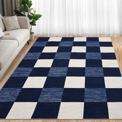 Garvee Modern Plaid 10x13 Large Area Rug, Soft Non-Slip Carpet Living Room Rug Checkered Navy Grey & Cream Rug for Bedroom, M...