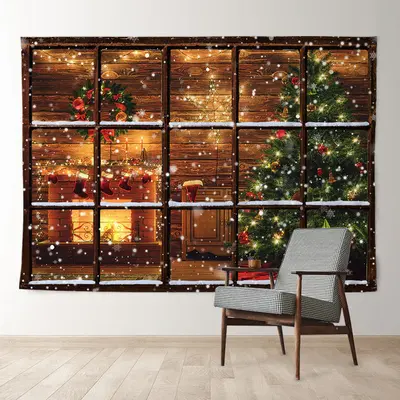 Aperturee Snowy Window Fireplace Wood Christmas Backdrop