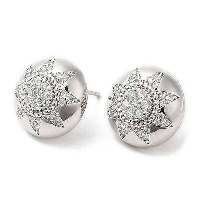 Rack Plating Brass Half Round with Sun Stud Earrings with Crystal Rhinestone for Women