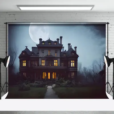 Aperturee Dark Night Moon Trees Light Villa Halloween Backdrop - Aperturee