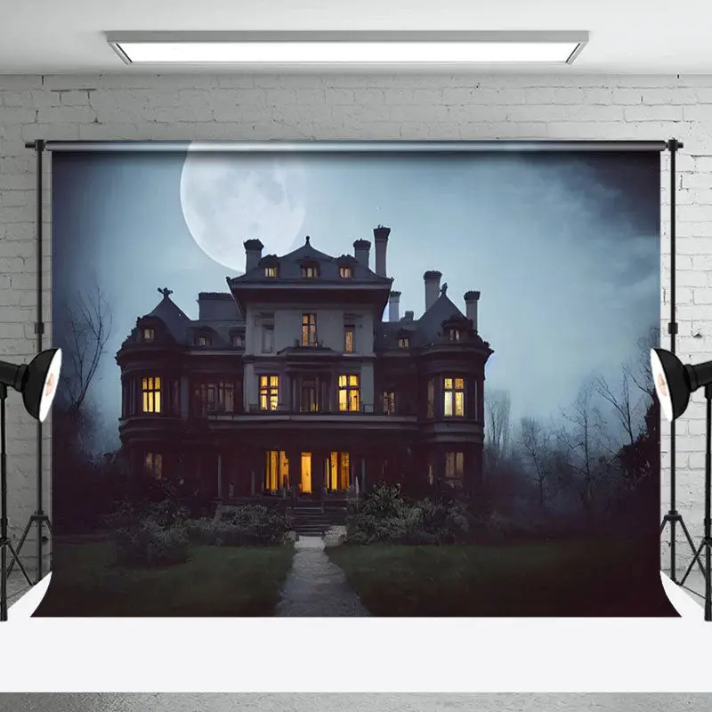 Aperturee Dark Night Moon Trees Light Villa Halloween Backdrop - Aperturee