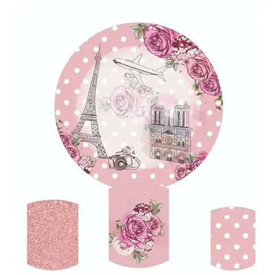 Aperturee Pink Floral And Eiffel Tower Round Birthday Backdrop Kit | Round Backdrop Fabric Cover | Round Party Backdrop | Cir...
