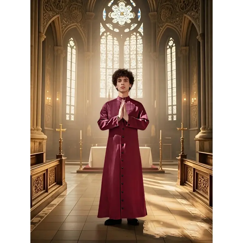 Men's Medieval Monk Robe Costume with Stand Collar, Long Sleeve, Single-Breasted Church Priest Outfit, Vintage Wizard and Cle...