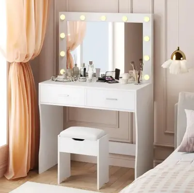 FURMAX Makeup Vanity Table Set with Lights and Mirror Vanity Desk with Drawer and Chair