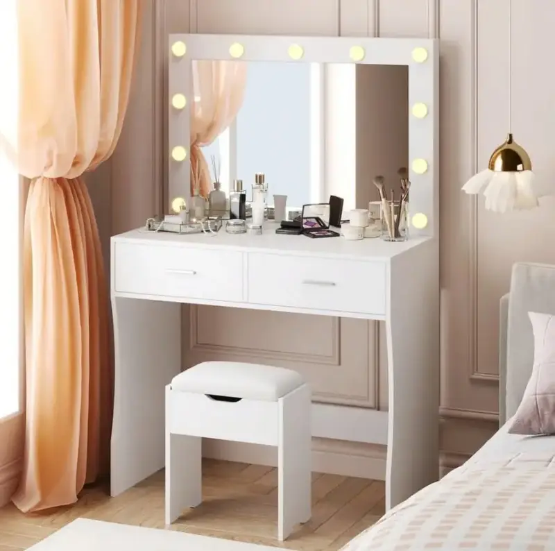 FURMAX Makeup Vanity Table Set with Lights and Mirror Vanity Desk with Drawer and Chair