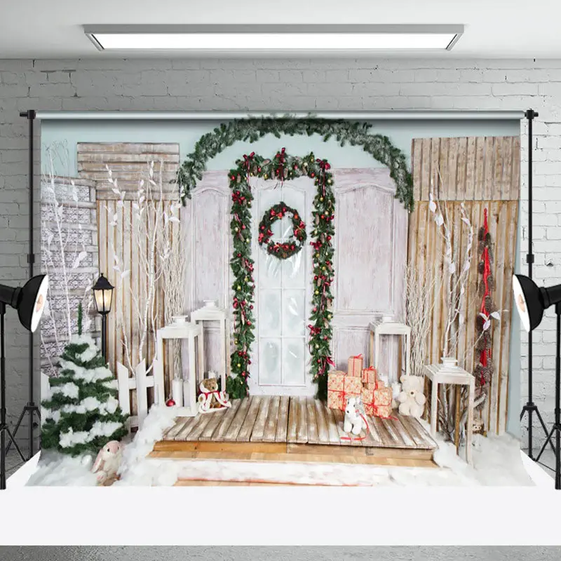 Aperturee Outside Retro Door Winter Snowy Christmas Backdrop - Aperturee