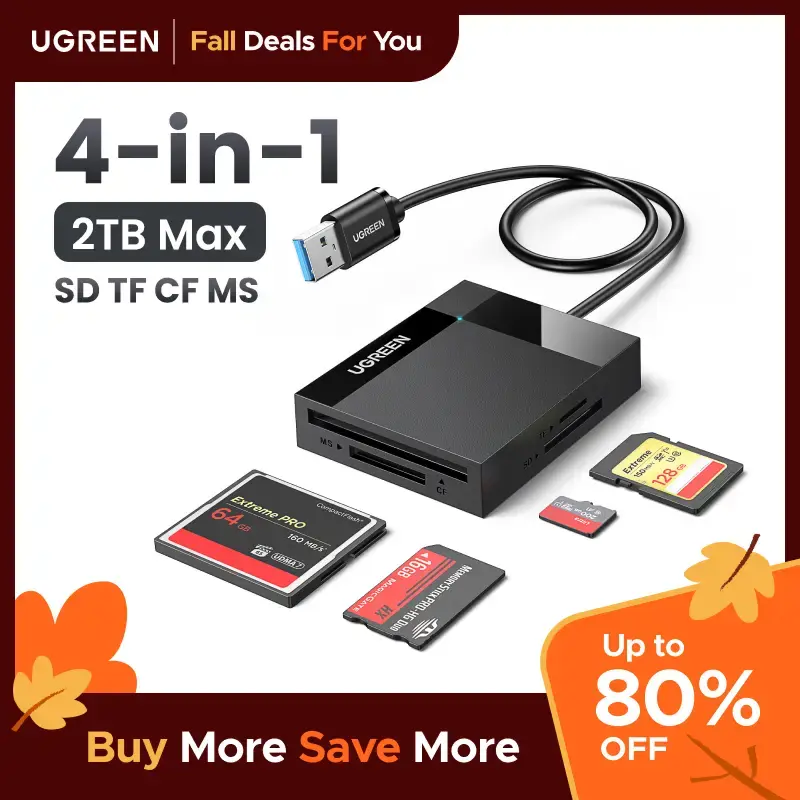 UGREEN 4in1 SD TF Card Reader 5Gbps 2TB Max USB 3.0 TF, SD, CF,MS ,Micro SD, SDXC for Windows Linux MacOS Laptop PC, Computer...