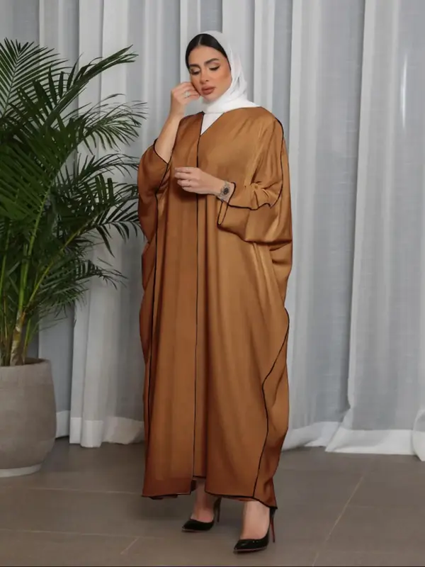 Muslim Women's Colorblock V Neck Casual Loose Dress, Long Sleeve Round Neckline, Perfect for Daily Wear & Summer