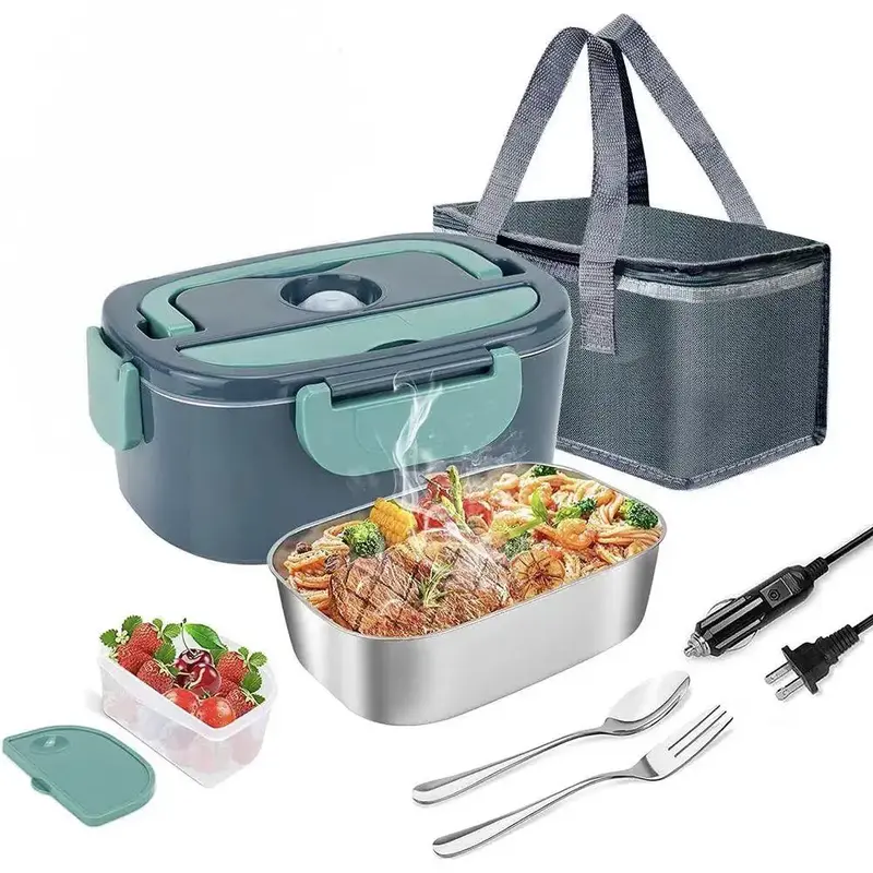 60W Electric Lunch Box, Portable 3-in-1 Food Warmer Box with Fork & Spoon & Insulated Carry Bag, Fast Heating Lunch Box for C...