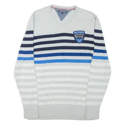 TOMMY HILFIGER Boys Patterned Jumper Grey Striped V-Neck Tight Knit L