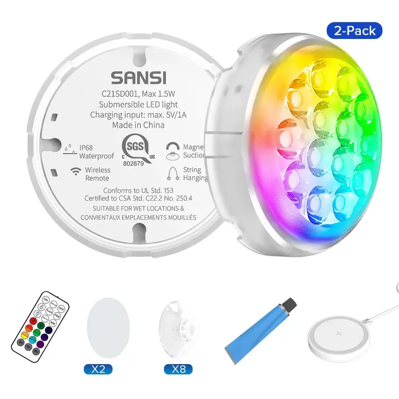 SANSI Upgraded Wireless Rechargeable Pool Lights ，Submersible RBG LED Pond Lights ，Fully sealed， Color Changing Underwa...