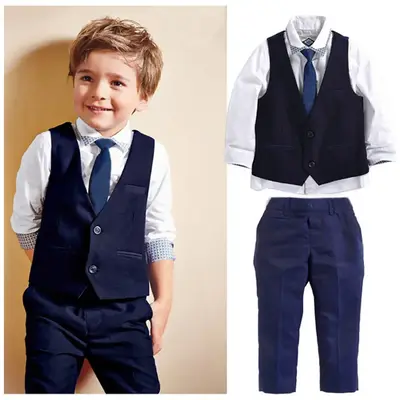 4Pcs Toddler Baby Boy’s Gentleman Formal Suit Long Sleeve Shirt with Tie, Waistcoat, Trouser, Infant Kids Wedding Party Pag...