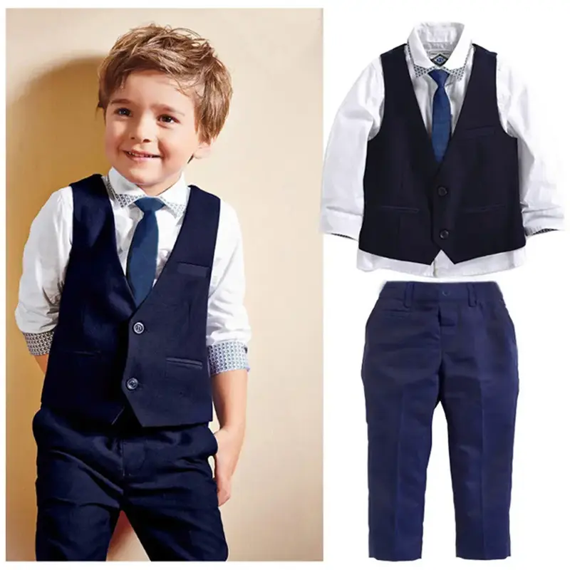 4Pcs Toddler Baby Boy’s Gentleman Formal Suit Long Sleeve Shirt with Tie, Waistcoat, Trouser, Infant Kids Wedding Party Pag...