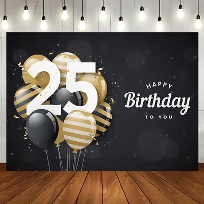 Aperturee Bokeh Balloons Black Happy 25th Birthday Backdrop - Aperturee