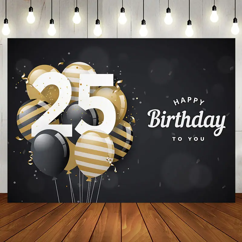 Aperturee Bokeh Balloons Black Happy 25th Birthday Backdrop - Aperturee