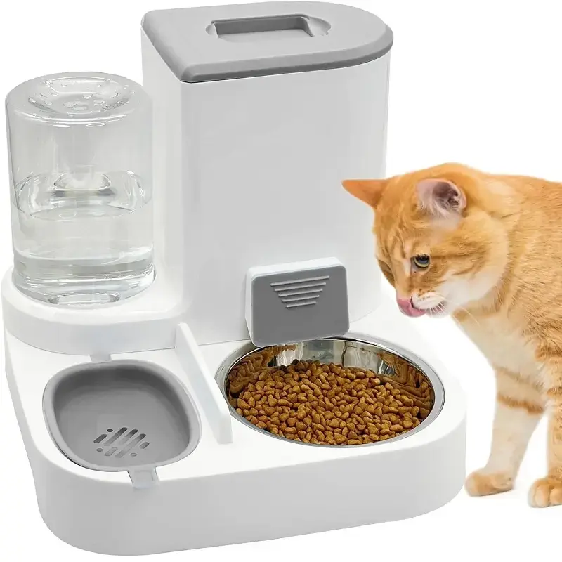Cat Feeder and Waterer Combo, Automatic Pet Dispenser, Detachable Stainless Steel Bowl Set, Easy Clean Dog Food Container