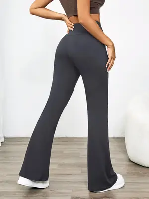 Women's Plain High Waist Rib Flares Leg Leggings, Comfy Breathable Bell Bottom Skinny Pants for Daily Wear, Women Clothing fo...