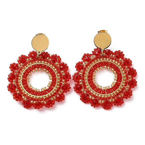 Woven Glass Beaded Flower Dangle Stud Earrings