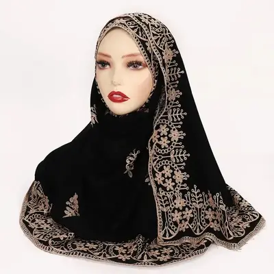 New Ethnic Style Muslim Hijabs For Women Long Middle Eastern Black Embroidered Headcloth Lady Foulard Femme Muslim Veil Ramad...