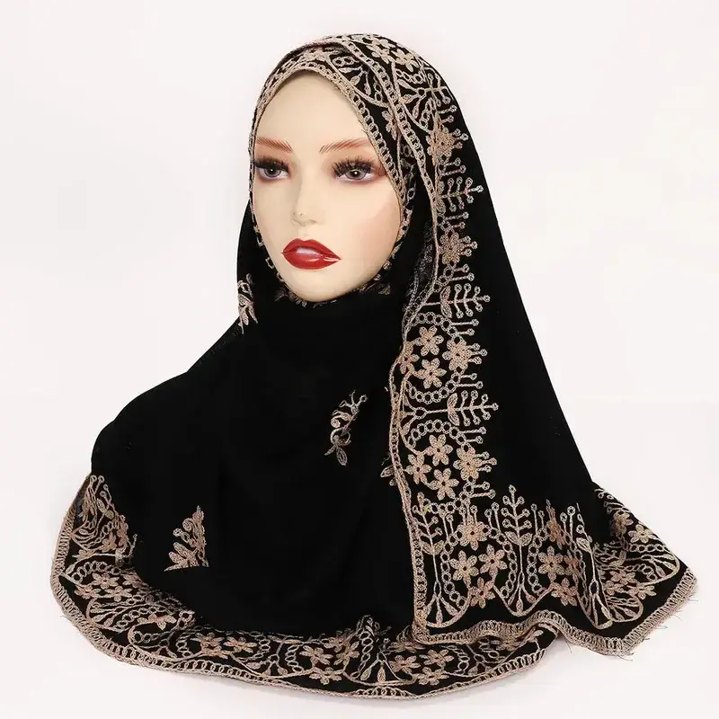 New Ethnic Style Muslim Hijabs For Women Long Middle Eastern Black Embroidered Headcloth Lady Foulard Femme Muslim Veil Ramad...