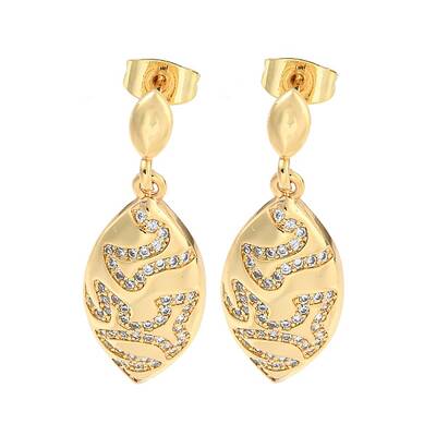 Leaf Brass Pave Clear Cubic Zirconia Dangle Stud Earrings