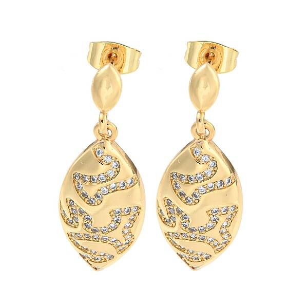 Leaf Brass Pave Clear Cubic Zirconia Dangle Stud Earrings