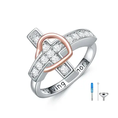 Sterling Silver Two-tone Round Shaped Cubic Zirconia Cross & Heart Urn Ring with Engraved Word