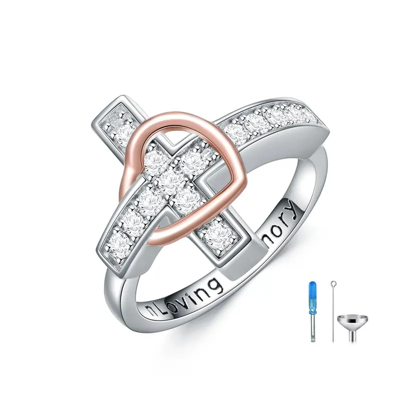 Sterling Silver Two-tone Round Shaped Cubic Zirconia Cross & Heart Urn Ring with Engraved Word