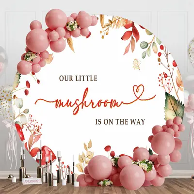 Aperturee Little Mushroom Leaves Round Baby Shower Backdrop - Aperturee