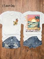 Women's Floral & Landscape Print Round Neck Graphic Tee, Vintage Trendy Casual Letter Print Short Sleeve T-shirt for Daily We...