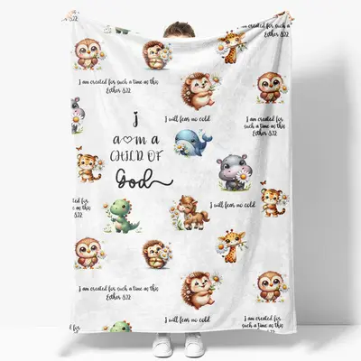 Aperturee White Cute Floral Animals Pattern Text Baby Blanket | Custom Printed Blanket | Custom Blanket With Pictures | Custo...