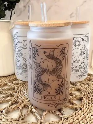 Zodiac Sign Can Glass, Horoscope Coffee Cup, Astrology Sign, Ice Coffee Drink, Bamboo Lid & Straw, Party gift Idea, 16 oz. Gl...