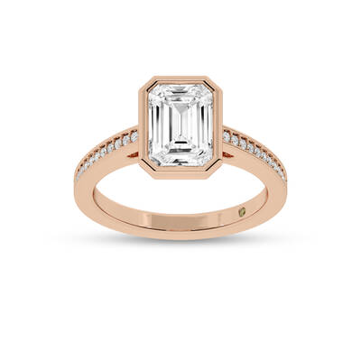 Lyra Pavé Set Half Coverage Bezel Emerald Cut Lab Grown Diamond Engagement Ring | 14K Rose Gold 3 2/3 CT. TW.