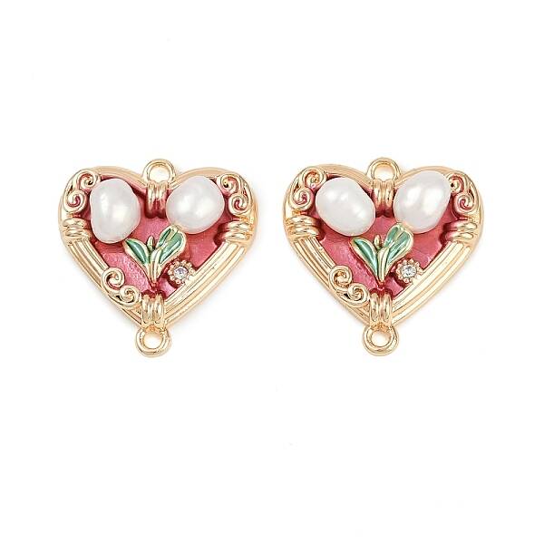 Brass Enamel & Natural Pearl Heart with Flower Connector Charms