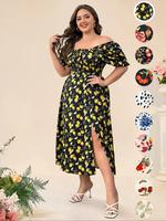 【Plus Size】 Fruit Print Puff Sleeve Vintage Shortsleeve Dress, Bohemian Casual Wear Boho Shirred Split Thigh A Line Dress...