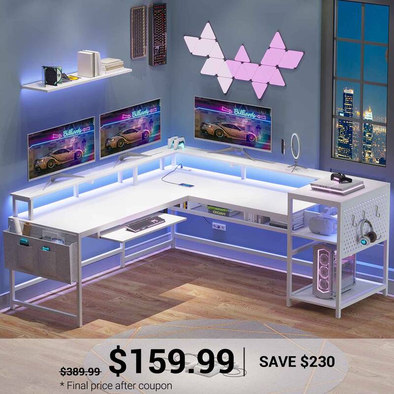 SEDETA ® 96 Inch L Shaped LED Gaming Desk Reversible Home Office Computer Table Pegboard and Storage Shelves Black Home Offi...