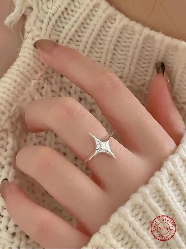 S925 Sterling Silver Star Decor Cuff Ring, Fashionable Adjustable Ring for Women & Girls, Casual Jewelry for Party, Daily Clo...