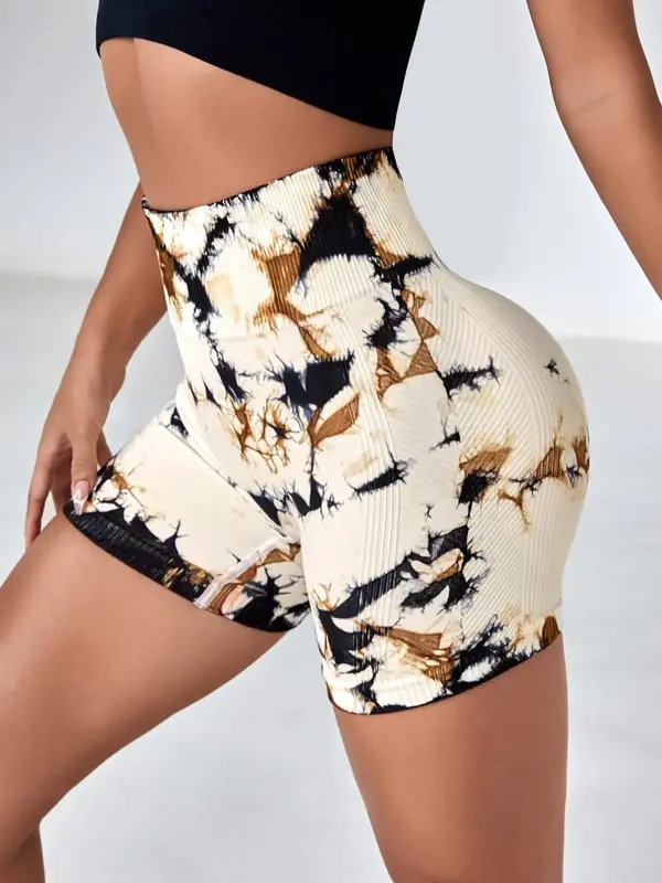 Women's Tie Dye Print High Waist Sports Short Tummy Control Leggings, Casual Comfy High Stretch Seamless Biker Shorts For Yog...