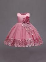 Girl's Faux Pearl & Bow Decor Appliques Fit and Flare Dress, Elegant Romantic Round Neck Sleeveless Party Dress for Party Hol...